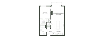 A floor plan of a small apartment with a bedroom, living/dining room, kitchen, bathroom, and walk-in closet.