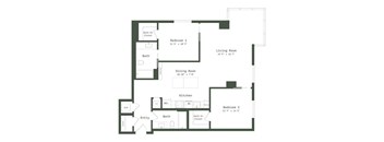 A floor plan of a house with two bedrooms, a living room, a dining room, a kitchen, and a bathroom.