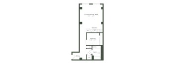 A floor plan of a small apartment with a living room, kitchen, bedroom and bathroom.