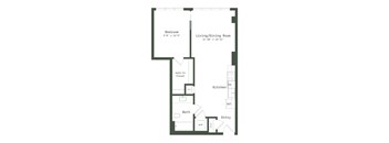 A floor plan of a room with a bedroom, living/dining room, kitchen, bath, and entry.