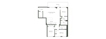 A floor plan of a home with three bedrooms, a living/dining room, a kitchen, and a balcony.