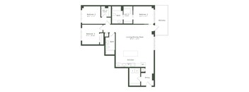 A floor plan of a house with three bedrooms, a living/dining room, a kitchen, a bath, a balcony, and an entry.