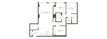 A floor plan of a house with three bedrooms, a living/dining room, a kitchen, and an entry.