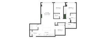 A floor plan of a house with three bedrooms, a living room, a dining room, a kitchen, and an entry.