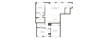 A floor plan of a small apartment with three bedrooms and a living/dining room.