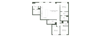 A floor plan of a house with three bedrooms, a living/dining room, a kitchen, and two bathrooms.
