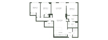 A floor plan of a house with four bedrooms, a living room, a dining room, a kitchen, and two bathrooms.