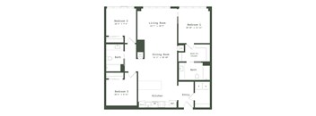 A floor plan of a house with three bedrooms, a living room, a dining room, a kitchen, a bathroom, and a walk-in closet.