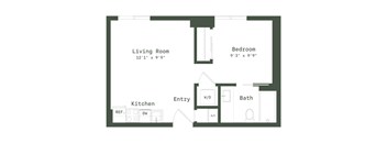 A floor plan of a small apartment with a living room, kitchen, entry, bathroom, and bedroom.
