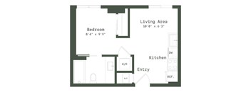 A floor plan of a small apartment with a bedroom, living area, and kitchen.