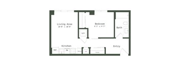 A floor plan of a small apartment with a living area, kitchen, bedroom, and bathroom.