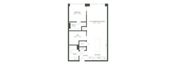 A floor plan of a small apartment with a bedroom, living/dining room, kitchen, and bathroom.