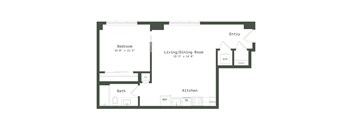 A floor plan of a small apartment with a bedroom, living/dining room, kitchen, and bath.