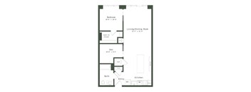 A floor plan of a small apartment with a bedroom, living room, kitchen, and bathroom.