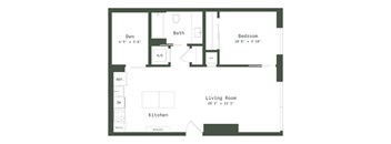 A floor plan of a small apartment with a living room, kitchen, and two bedrooms.