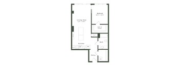 A floor plan of a small apartment with a living area, kitchen, bath, and bedroom.