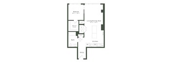 A floor plan of a small apartment with a bedroom, living/dining room, kitchen, bath, and entry.
