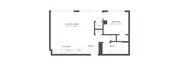 A floor plan of a small apartment with a living room, kitchen, bedroom, and bathroom.