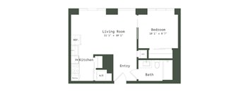 A floor plan of a small apartment with a living room, kitchen, bathroom, and bedroom.