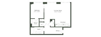 A floor plan of a small apartment with a bedroom, living room, kitchen, bathroom, and walk-in closet.