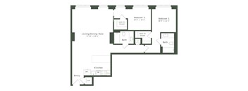 A floor plan of a house with two bedrooms, a living room, a kitchen, and two bathrooms.