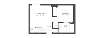 A floor plan of a small apartment with a living room, kitchen, bathroom, and bedroom.