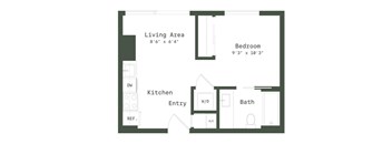A floor plan of a small apartment with a living area, kitchen, bathroom, and bedroom.