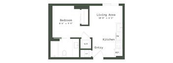 A floor plan of a small apartment with a bedroom, living area, and kitchen.