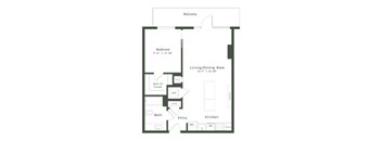 A floor plan of a small apartment with a bedroom, living/dining room, kitchen, bathroom, and entry.