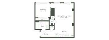 A floor plan of a house with a bedroom, living/dining room, kitchen, and bathroom.