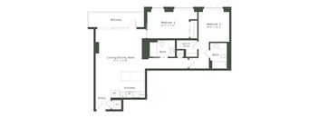 A floor plan of a home with two bedrooms, a living room, a kitchen, and a balcony.