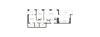 A floor plan of a house with two bedrooms, two bathrooms, a living room, and a kitchen.