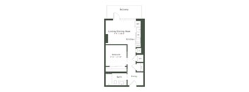 A floor plan of a small apartment with a living room, kitchen, bedroom, bathroom, and entry.