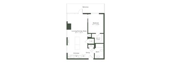 A floor plan of a small apartment with a living room, kitchen, bathroom and bedroom.