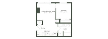 A floor plan of a small apartment with a living room, bedroom, kitchen, and bathroom.