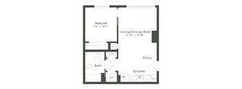 A floor plan of a small apartment with a bedroom, living/dining room, kitchen, bathroom, and entry.