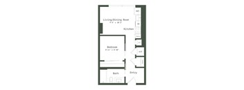 A floor plan of a small apartment with a living/dining room, kitchen, bedroom, bathroom, and entry.