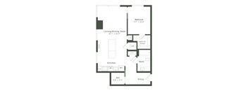 A floor plan of a small apartment with a living room, kitchen, bathroom, and bedroom.