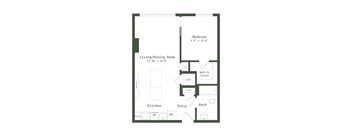 A floor plan of a small apartment with a living room, kitchen, bathroom, and bedroom.