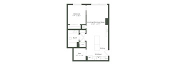 A floor plan of a small apartment with a bedroom, living/dining room, kitchen, bathroom, and den.