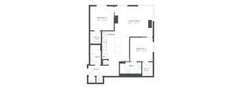 A floor plan of a small apartment with two bedrooms, a living room, a kitchen, and a bathroom.