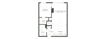 A floor plan of a small apartment with a bedroom, living/dining room, kitchen, bath, and entry.
