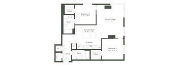A floor plan of a two bedroom apartment with a living room, dining room, kitchen and bathrooms.