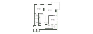 A floor plan of a house with two bedrooms, a living room, a kitchen, a dining room, and two bathrooms.