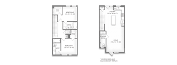 A floor plan of a two bedroom apartment with a living room and kitchen.
