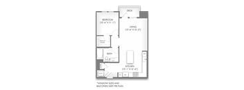 A floor plan of a small apartment with a bedroom, living room, kitchen, bathroom, and a deck.