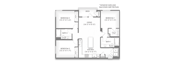 A floor plan of a house with three bedrooms, a living room, a kitchen, and two bathrooms.