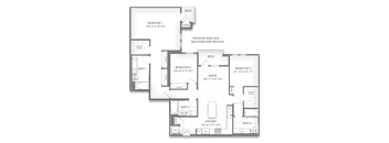 A floor plan of a house with three bedrooms, two bathrooms, a kitchen, and a living room.