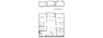 A floor plan of a house with two bedrooms, two bathrooms, a kitchen, and a living room.