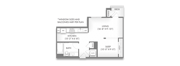 A floor plan of a small apartment with a kitchen, bathroom, living room, and sleeping area.